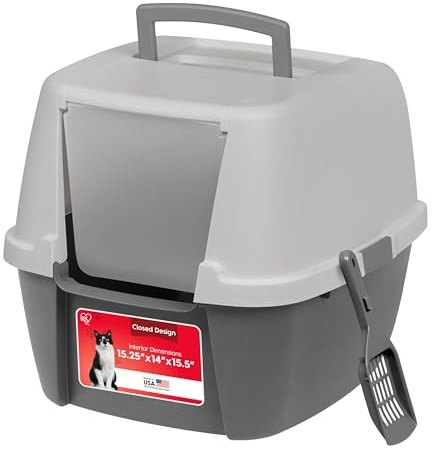 IRIS USA Jumbo Enclosed Cat Litter Box with Front Door Flap and Scoop, Hooded Kitty Litter Tray with Handle and Buckles for Portability and Privacy, Gray