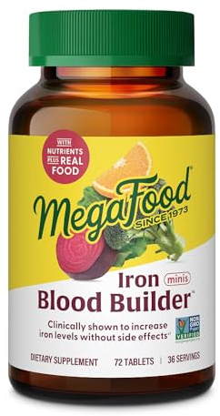 MegaFood Blood Builder Iron Supplement for Women & Men - Increase Iron Levels Without Side Effects - Combats Fatigue - Vitamin B12, Folic Acid & Vitamin C - Vegan - 72 Mini Tablets (36 Servings)