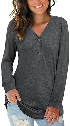AUSELILY T-Shirt col V à Manches Longues pour Femmes Ample Décontracté Henley Chemisier Tunique Tops Bouton Blouses(Gris-Noir,XXL)