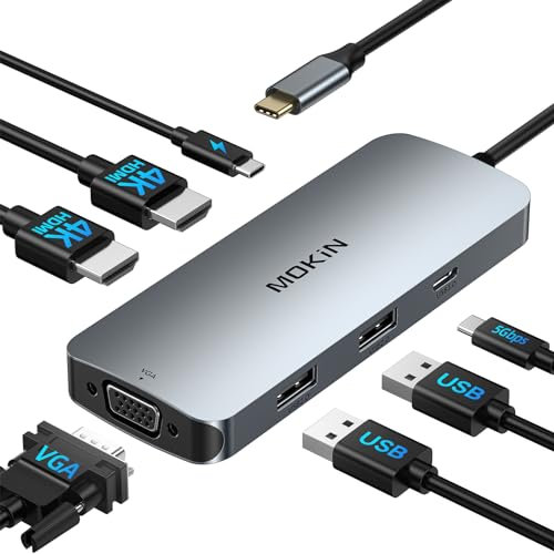 MOKiN Estación de Acoplamiento de Doble Monitor, 6 en 1 USB C a Doble HDMI Estación de Acoplamiento para portátil Dual HDMI Multiport USB C Hub con 3 Puertos USB, PD para DELL XPS 13/15, Lenovo Yoga