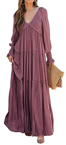 R.Vivimos Maxi Dress for Women Long Sleeve V Neck Empire Waist Layered Ruffle Boho Casual Flowy Long Dresses (X-Large, DarkRose)