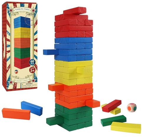 GOTHINK Wooden Blocks Stacking Game with Storage Box, 60PCS Toppling Colorful Tower Building Blocks Balancing Puzzles Montessori Toys Learning Sorting Family Games Educational Toys Gifts for Kids