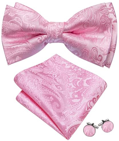 Barry.Wang Mens Pink Bow Tie Paisley Silk Pre-Tied Bowtie Pocket Square Cufflinks Set Formal Wedding Prom Party Tuxedo
