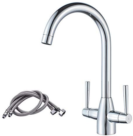 NewEast Kitchen Mixer Taps,Monobloc Swivel Spout Dual Lever Chrome Kitchen Sink Tap with UK Standard Hoses
