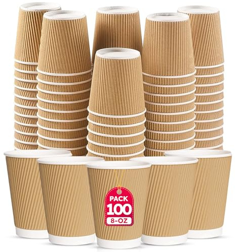 CHEF ROYALE 100 x 8oz Disposable Coffee Cups Without Lids - Takeaway Paper Cups for Hot & Cold Drinks - Kraft Triple Walled Disposable Paper Ripple Cups - Reusable Takeaway Coffee Cups (Without Lids)