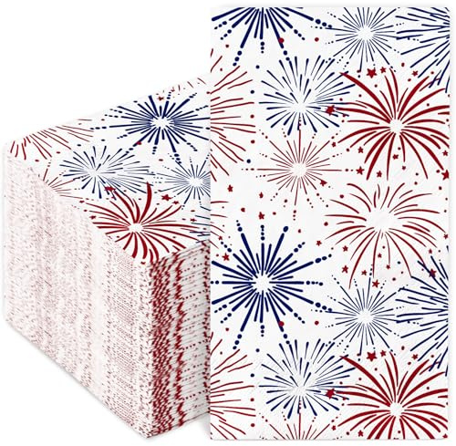 JarThenaAMCS 100 Pcs Patriotic Guest Napkins Red Blue Firework Disposable Napkins 4th of July Hand Paper Towel Napkin for 250th Anniversary Independence Day Bathroom Party Supplies Table Decor