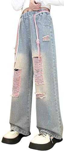 Happy Cherry - Niñas Jeans Pantalones Vaqueros Largos Denim Loose Niña Pantalón Vaquero con Cintura Elástica Chica Pantalones Rectos de Pierna Ancha para Primavera Otoño - 10-11 Años - Azul