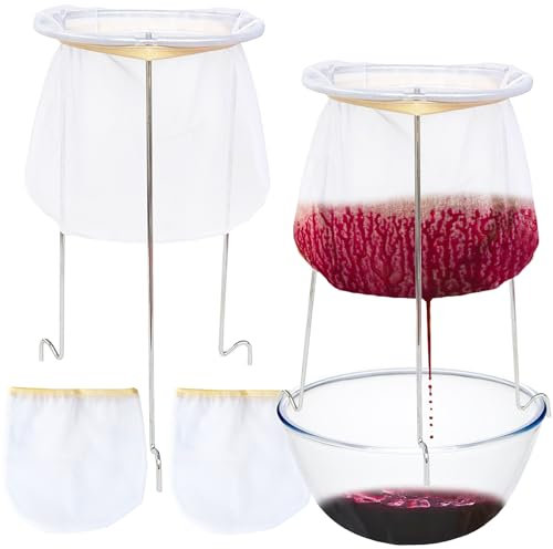 2 Pack White & Silver Strainer Stand,Strainer Stand with 4 Reusable Staining Bags,Reusable Food Filter Bag Jelly Bags for Straining Juice Yogurt Cheese Broth Nut Milk