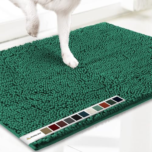 Muddy Mat® AS-SEEN-ON-TV Highly Absorbent Microfiber Dog Door Mat and Pet Rug, Non Slip Thick Washable Area and Bath Mat Soft Chenille for Kitchen Bathroom Bedroom and Indoor -Dark Green Small 28X18