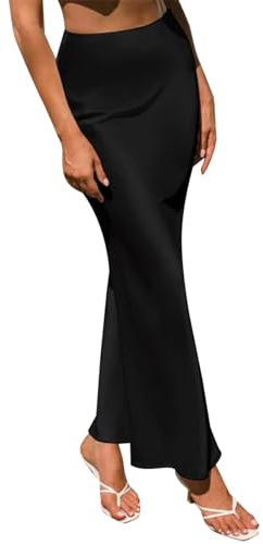 IMEKIS Women Satin Silk Skirt A Line Elastic High Waist Ruffle Long Maxi Skirt Solid Color Mermaid Skirt Formal Evening Party Skirts Black XL