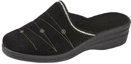 Ladies Fleece Helen Comfort Warm Velour Embroidered House Slip On Wedge Mules Slippers Shoe (Black Kath, UK Footwear Size System, Adult, Women, Numeric, Medium, 6)