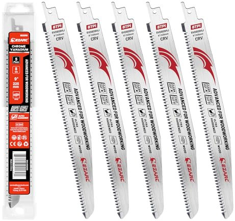 EZARC Lames de scie alternative à dents japonaises à trois tranchants 225 mm, lames de scie à bois à dents rectifiées Fleam 8 TPI pour l'élagage des arbres, la coupe du bois/du bois humide, 5 pièces