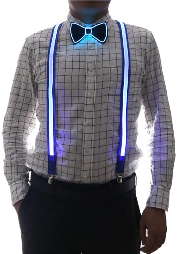 Brejkdo 2pcs/combo Men's Light Up LED Braces and Bow Tie, Suspenders and Bowtie for Glow Party, Halloween Costume, Music Festival, Wedding Dance (Blue)
