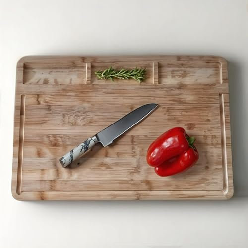 Tabla de cortar de bambú natural 44,7x30,5 cm | Tabla cocina antideslizante con ranuras para líquidos y compartimentos | Multifuncional para cortar, servir y presentar alimentos