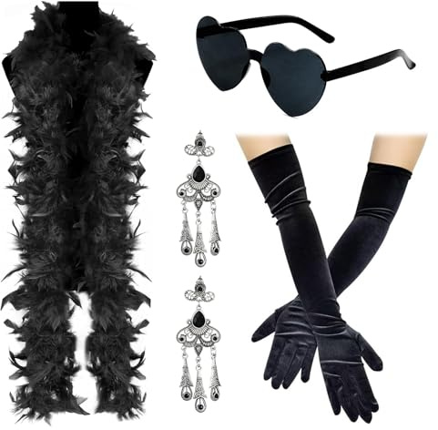 Accesorios Años 20 Mujer - Boa de Plumas Pendientes Guantes Negros Largos Gafas de Sol en Forma de Corazón,1920s Flapper Accesorios Juego de Accesorios de 1920 Great Gatsby Accesorios para Carnaval