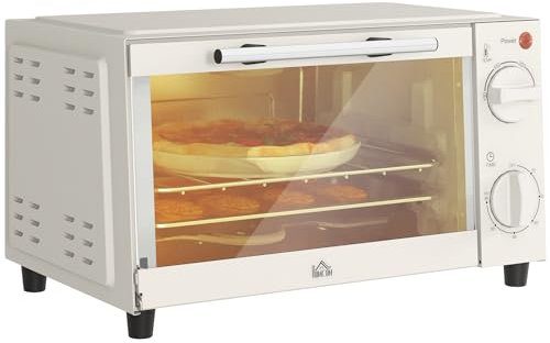 HOMCOM Mini Backofen 9 L 750W 100-230℃ 60 Min. Timer inkl. Backblech, Grillrost, Glas Fenster, Platzsparend Minibackofen Pizza-Ofen, Cremeweiß