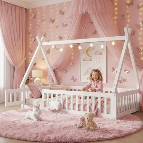 MoproBeti Twin House Bed Frame with Fence Rails and Door,Wood Montessori Floor Bed with Slats Support,Teepee Tent Beds Kids Bed Frames for Girls Boys, White