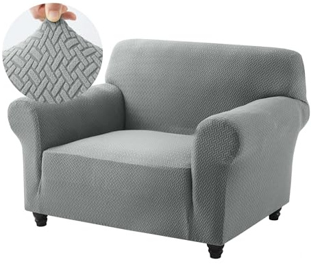 Hafaa High Stretch Sofa Cover – Elastic Fit Chair Covers Non Slip Grey Sofa Slipcovers Jacquard Spandex T Shape Couch Armchair Cover Super Soft Washable Furniture Protector for Kids/Pets (1 Seater)