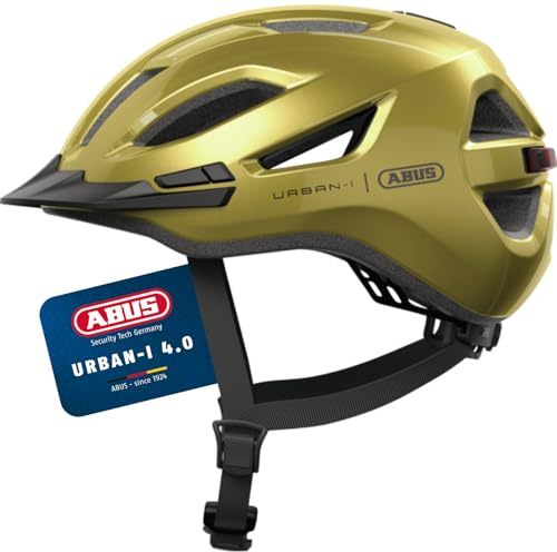 ABUS Casco da città Urban-I 4.0 - Casco da bicicletta con luce posteriore ricaricabile, 2 modalità di illuminazione, visiera e chiusura magnetica - per adolescenti, donne e uomini - taglia L, giallo