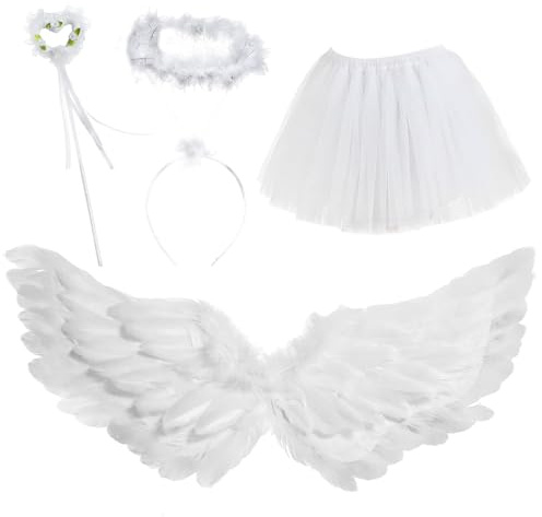ASFWAGQ Ängelvingar 60 cm vit ängel kostym med halo pannband trollstav tyllkjol, ängel vingar älvor kostym tillbehör för halloween fest karneval maskerad