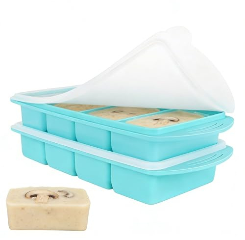 Puniama 2 Pack Soup Cube Silicone Freezer Tray with Lids, 1000ML 4-Compartment Freezer Containers, Makes 8 One-Cup Portions for Meal Prep, Soup, Sauce & Broth