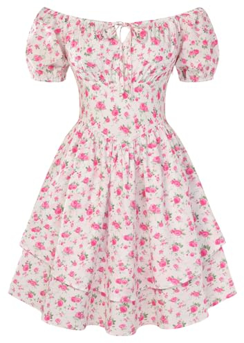 SCARLET DARKNESS Vestito Abito Corto Donna Rinascimentale Maniche Corte Palloncino Floreale Bianco Fiori Rosa M