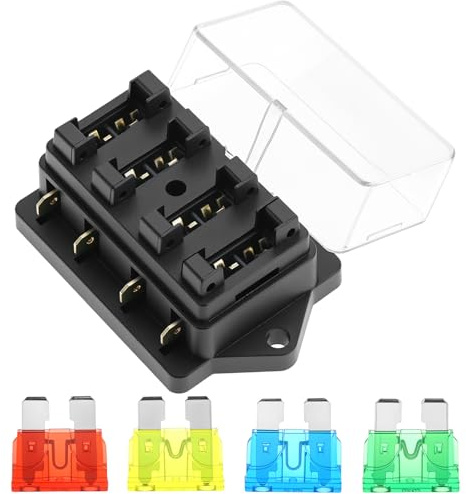 QWORK® 4 Vías Portafusibles, Caja de Fusibles 12V-32V con Cubierta Protectora, Incluye Fusibles, para Coche, Barco, Caravana y Furgoneta