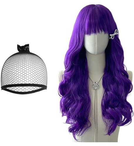 HTTDSLF 26 Pollic/65cm Parrucca con Lunghi Ondulati con Frangia, Viola Scuro Parrucche Sintetiche Naturale per Donne, per Quotidiano Partito Cosplay Usura Festa Capelli Della Signora di Modo
