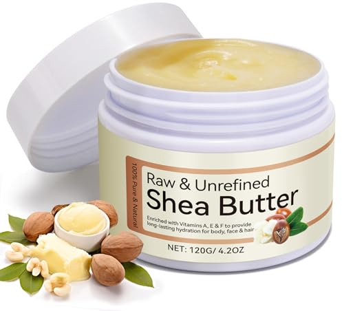 Manteca de karité sin refinar, orgánica y cruda, 120 ml, manteca de karité orgánica pura con vitaminas A, E y F, crema hidratante natural, vegana para todo tipo de pieles, mantequilla de karité