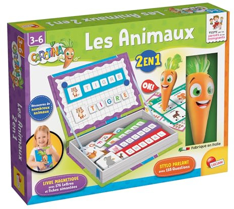 Lisciani - Carotina - djur 2 i 1 - Pedagogiskt spel för barn från 3 till 6 år - Magnetisk bok med bokstäver och djur - talande penna med frågor - bokstäver och magnetiska ark - lära sig läsa