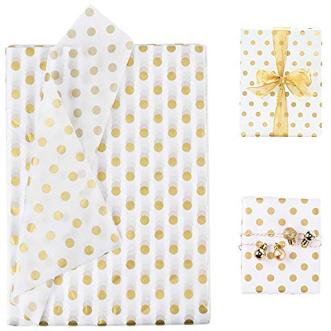 BUZIFU 50 Blatt Seidenpapier Metallic Polka Punkte Gewebe Papier Geschenkpapier Gold für Geschenk Geburtstag Hochzeit Taufe Verpackung Einwickelpapier für Geburtstag, Hochzeit, Weihnachten, 50x70cm