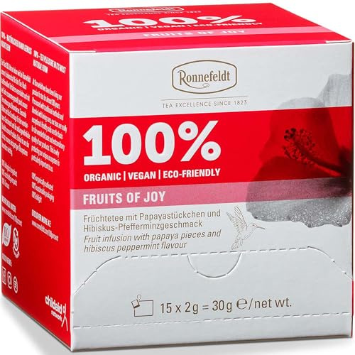 Ronnefeldt 100% Fruits of Joy - BIO Früchtetee m. Papayastückchen und Hibiskus-Pfefferminzgeschmack, 15 Teebeutel à 2 g, 30 g | Organic | Vegan | Eco-friendly