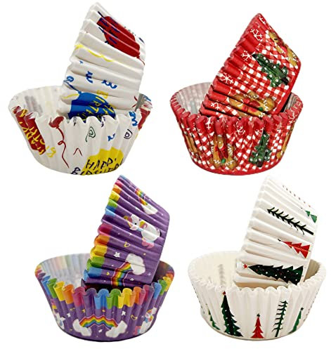 200 Pezzi Pirottini Muffin Carta, Pirottini Per Cupcake, Pirottini da forno usa e getta, 4 Diversi stili natalizi pirottini da forno a prova di grasso