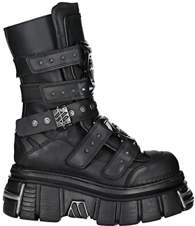 New Rock Boots M-MET422-S1 Unisex Metallic Black Leather Platform Gothic Boots - Black 10 UK