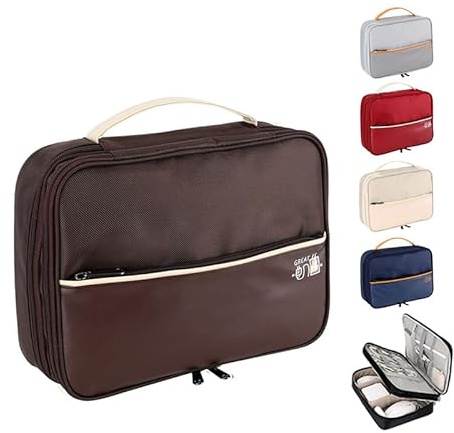 CRSUSUKJ Borsa Accessori Elettronici,Organizer Cavi, Elettronica Viaggio Borsa Custodia Cavi Organizzatore Grande per Caricatore Portatile,Cavi USB, Schede SD(3 strati) (Marrone)