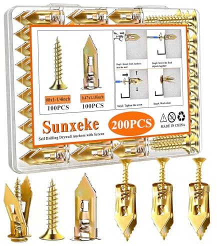 Sunxeke Lot de 200 chevilles autoperceuses pour cloison sèche avec vis en acier zingué - Application facile sans perçage ni trou dans le mur