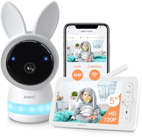 ARENTI 2.5K Smart Wifi Baby Monitor with Camera and App,Night Vision,5G&2.4Ghz Dual Brand,5'' Split Display,Pan Tilt,3350mAh Battery,2-Way Talk,6-Color Night Light,Long Range,Remote Control