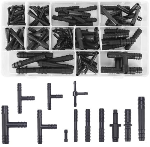 CAINCAY 113 Stück Schlauchverbinder Sortiment Schwarz T Stück Verbinder Schlauchverbinder Set, Bewässerung Anschluss Kit T-Verbinder Schlauchverbinder Set für Gärten Schläuche