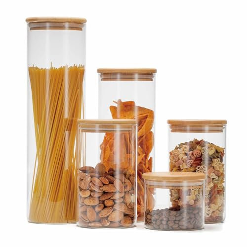 Lacers PurpleLine - Vorratsbehälter 10-Teilig | GLAS | Set | 5 Behälter + 5 Deckel | Deckel aus Bambus | 450ml / 2x1000ml / 1500ml / 2000ml | Aufbewahrungsglas Vorratsdose luftdicht Vorratsbehälter