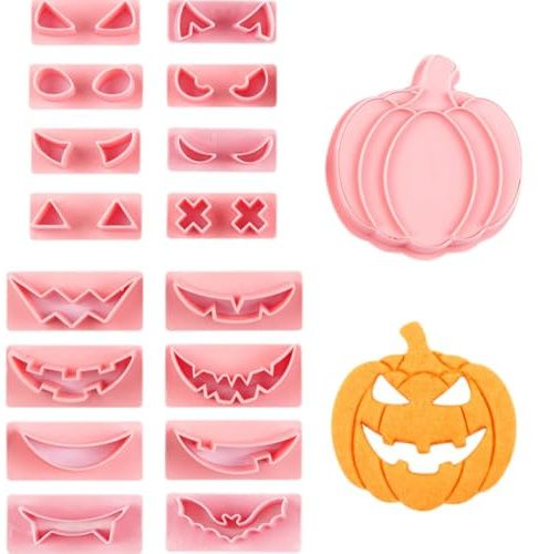 Juego de cortadores de galletas de Halloween de 18 piezas de plástico 3D prensable con cabeza de calabaza para Halloween, cortadores de fondant estampados en relieve para suministros