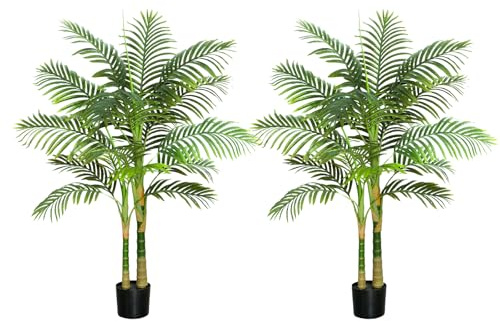 2PCS Artificial Palm Tree Indoor Plant 4FT Tall Fake Tropical Palm Tree in Pot with Real Bark Design Faux Areca Palm Tree for Home Office Living Room Bedroom Farmhouse Outdoor Decor (Black, 4FT-2PCs)