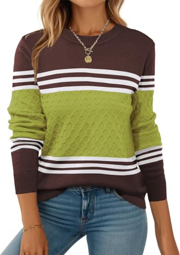 ZEAGOO Jersey de punto para mujer, manga larga, cuello redondo, jersey de punto, elegante, a rayas, para otoño e invierno, tallas S-XXL, verde claro, S