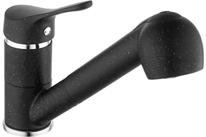 sanicomfort Küchenarmatur ROM Granit Schwarz – Spültischarmatur mit herausziehbarer Geschirrbrause & Einhebelmischer – Wasserhahn Küche 2 Strahlarten, 360° schwenkbar, Hochdruck Armatur