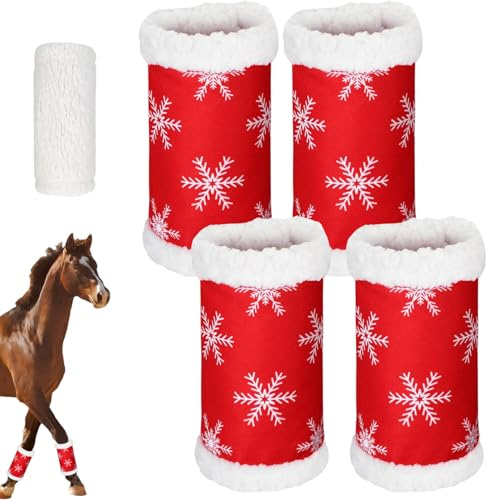 Fasce per gambe per cavalli, 4 pezzi Fasce per gambe per cavallo a tema natalizio Design rosso Cavallo Fodera morbida e spessa in peluche in piedi per cavalli con nastro con passante e gancio Taglia