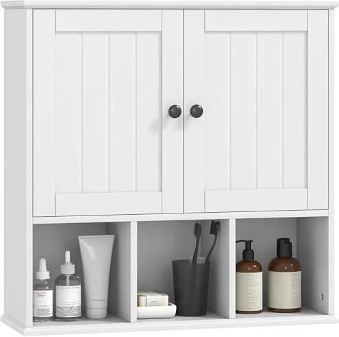 HOMCOM Farmhouse Bathroom Wall Cabinet, Wall Mounted Medicine Cabinet with Adjustable Shelf, Open Compartments and 2 Doors, Storage Organiser Over The Toilet, White