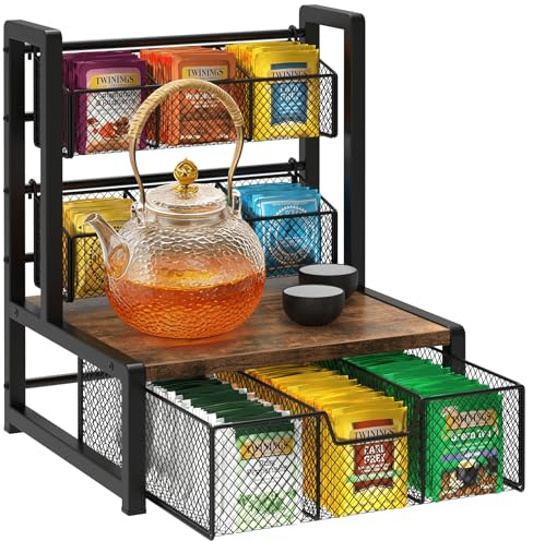 Homode Tea Bag Organizer, 3 Tier Tea Storage Container Box, Wood Tea Station Caddy, Teabag Holder Stand with Drawer Basket, Large Tea Chest Display Rack for Countertop Cabinet Office, Rustic Brown