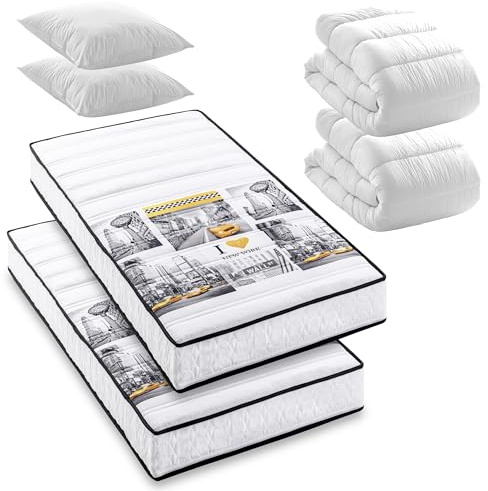BLUE MOON Pack Manhattan 2 Matelas Mousse New York 90x190 + 2 Couettes + 2 Oreillers. Mousse profilée 5 Zones de Confort. Épaisseur 15cm – Fabriqué en Belgique