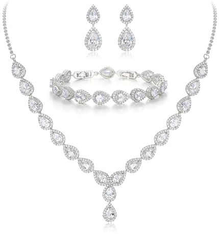 Clearine Mujeres Boda Nupcial Gota CZ Infinity Figura 8 Y Collar Pulsera de tenis Pendientes colgantes Set Claro tono plateado