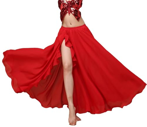 Baisdan Jupe Danse Orientale en Chiffon à Fente, Jupe Flamenco Femme pour Pratique, Cours et Spectacle Rouge
