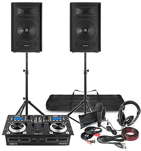 DJ CD Mixer Amplifier & Speaker Package – Complete Mobile DJ Setup with Dual CD Mixer, 2x 12” 600W Passive Speakers, Tripod Stands, Headphones, Microphone & All Cables Included
